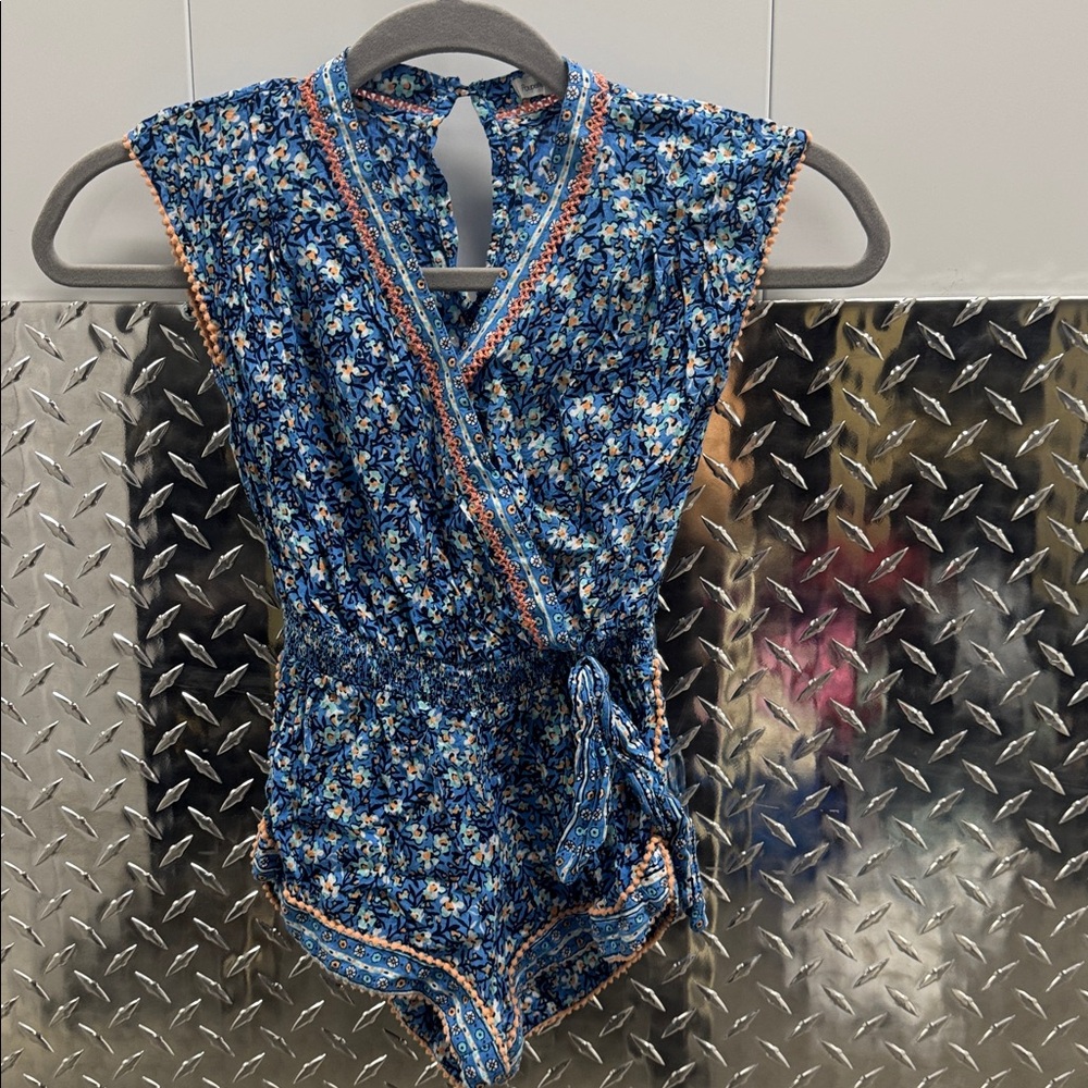 Poupette St Barth Short Jumpsuit in blue/ peach organic, Size 6T